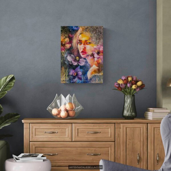 Contemporary mixed media painting She Chose Light by Natalie Bella hung above natural wood buffet with fresh tulips and modern decor on slate blue wall - original textured floral portrait for elegant dining room and home styling