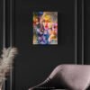 Contemporary mixed media portrait She Chose Light by Natalie Bella displayed on black paneled wall above gray velvet chair with pampas grass decor - original oil painting with textured flowers and golden light for sophisticated home interiors