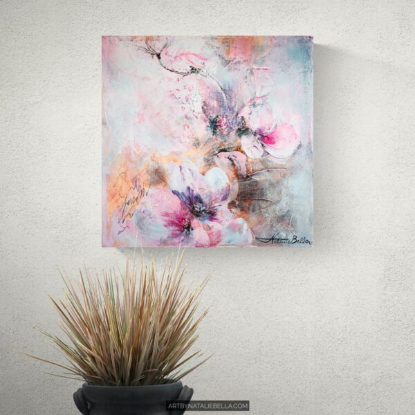 Where Light Lingers - Pink Floral Abstract Painting with Gold Le Abstract floral oil painting with soft pink blossoms, purple flowers and gold leaf details displayed above modern wood console table with marble top and black planter in contemporary interior