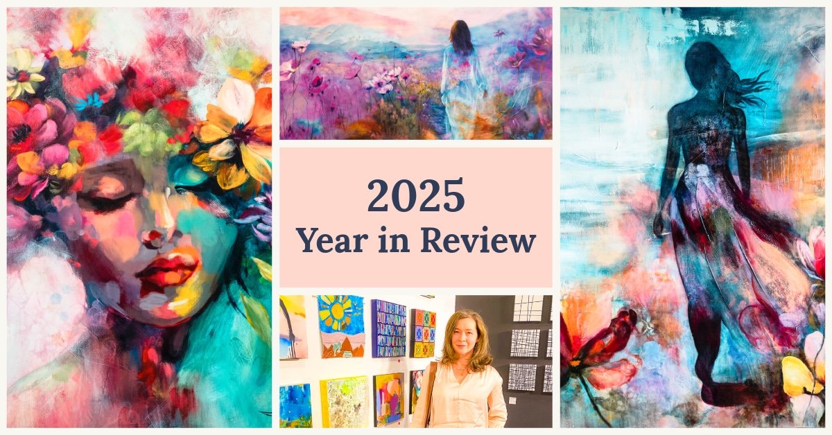 Collage of artworks created by oil and mixed media artist Natalie Bella in 2025