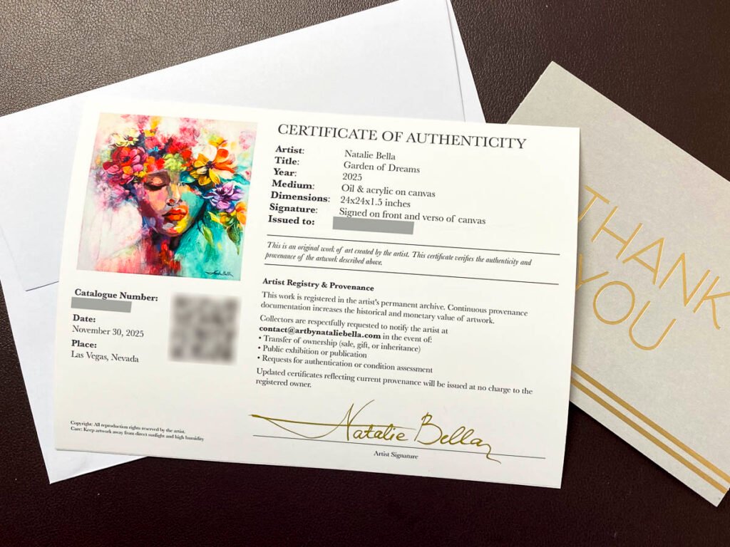 Certificate of Authenticity for an original painting "Garden of Dreams" by artist Natalie Bella