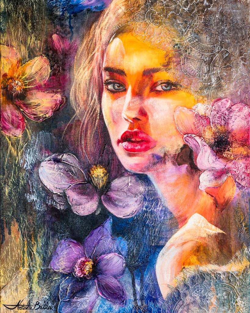 Original mixed media portrait with textured flowers and lace. A luminous exploration of light emerging from shadow, grief transformed into hope. 15x20 inches.