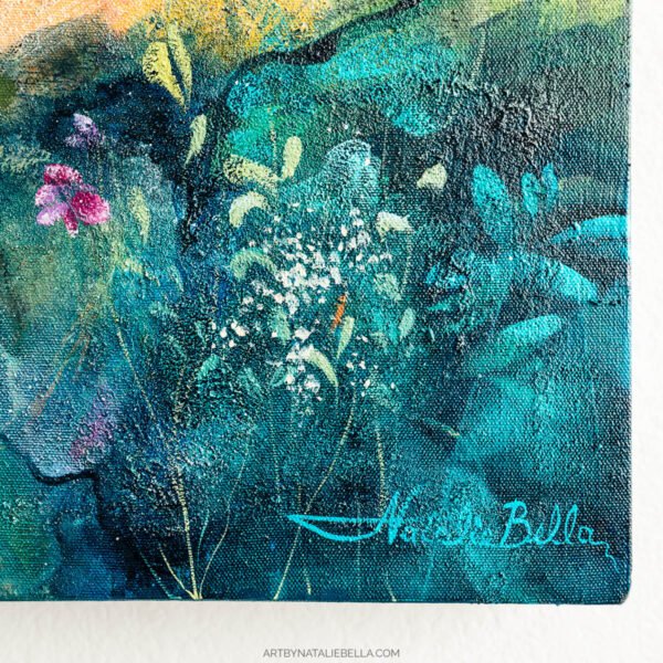 Awakening - Artist Signature and Botanical Detail by Natalie Bel Bottom corner detail of Awakening showing artist signature and delicate botanical elements in teal and pink in an original mixed media abstract painting by Natalie Bella