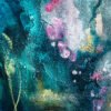 Awakening - Botanical Detail in Teal Abstract Painting by Natali Close-up detail of Awakening showing botanical elements and layered texture in teal, pink, and gold in an original mixed media abstract painting by Las Vegas artist Natalie Bella