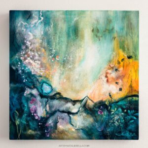 Awakening, original 24x24 teal abstract painting in oil and mixed media on gallery-wrapped canvas by Las Vegas artist Natalie Bella, shown hanging on a wall