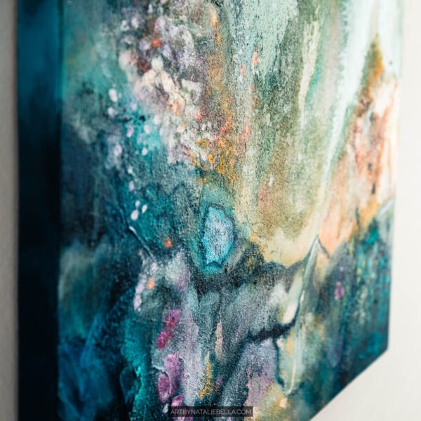 Awakening - Teal Abstract Painting Left Side Detail by Natalie B Left side detail of Awakening showing rich layered texture in teal, lavender, and pink with visible canvas edge, an original 24x24 mixed media abstract painting by Natalie Bella