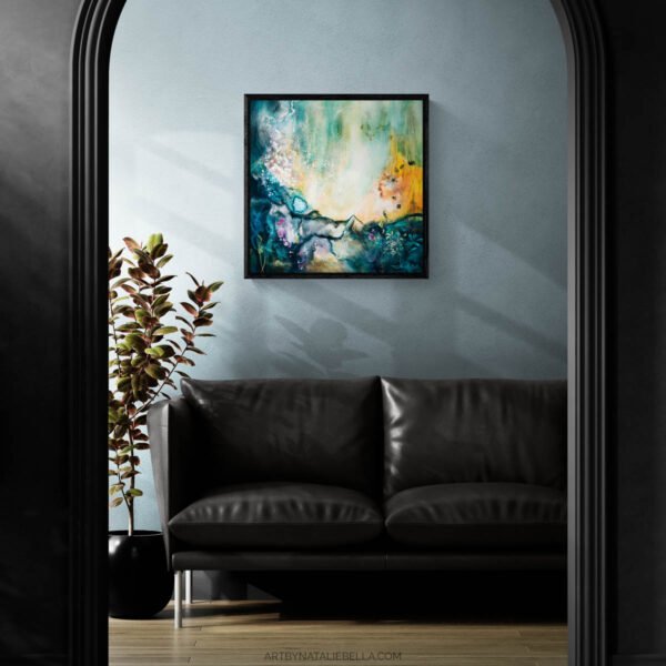 Awakening - Teal Abstract Painting in Dark Elegant Interior by N Original 24x24 teal abstract painting Awakening by Natalie Bella in a black float frame above a leather sofa, framed by a dramatic black arch doorway in a sophisticated contemporary interior