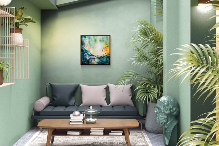 Original 24x24 teal abstract painting Awakening by Natalie Bella in a warm wood float frame on a sage green wall above a dark sofa, surrounded by tropical plants in an eclectic botanical living room