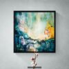 Awakening - Teal Abstract Painting in Minimal White Interior by Original 24x24 teal abstract painting Awakening by Natalie Bella in a black float frame above a white draped table with a sculptural vase, styled in a soft minimal interior setting