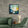 Awakening - Teal Abstract Painting in Modern Living Room by Nata Original 24x24 teal abstract painting Awakening by Natalie Bella displayed in a black float frame above a green sofa in a contemporary living room with stone wall, showing scale and interior styling