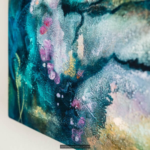 Awakening - Textured Mixed Media Abstract Painting Detail by Nat Detail and side view of Awakening showing layered texture in teal, purple, and gold in an original mixed media abstract painting by Las Vegas artist Natalie Bella