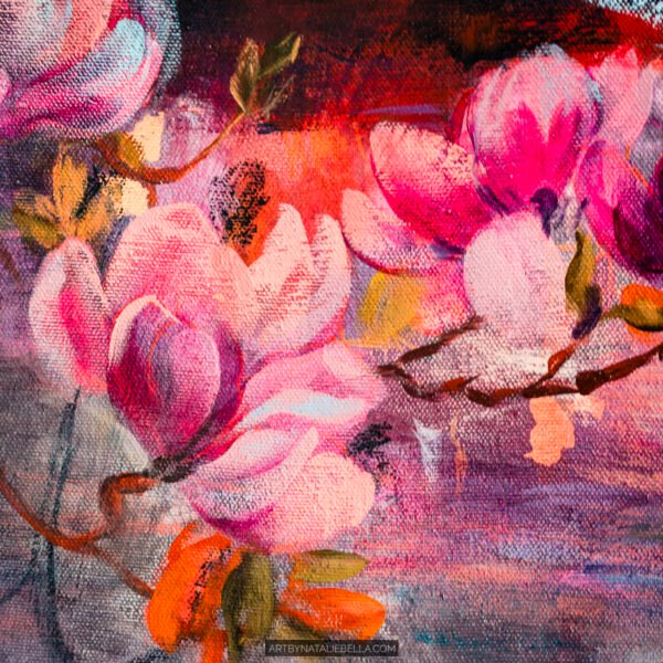 Detail of Coastal Grace showing vibrant pink and coral magnolia blossoms with purple atmospheric background and orange accent florals in lower left corner