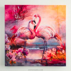 Coastal Grace by Natalie Bella - original oil and mixed media painting of two flamingos creating heart shape with their necks, surrounded by vibrant tropical florals in pinks, purples, and golden light