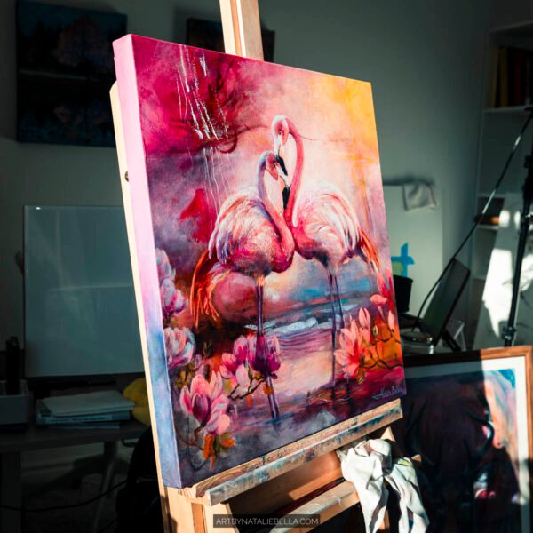 Side angle view of Coastal Grace original painting on easel showing depth and texture of the 1.5 inch gallery wrapped canvas