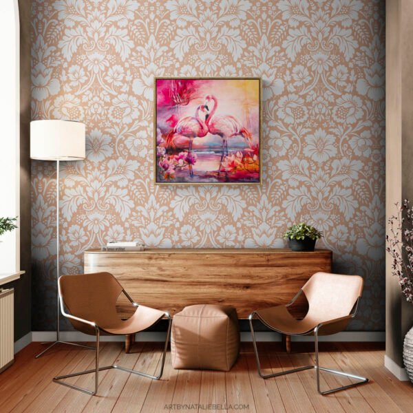 Coastal Grace - Original Painting of Pink Flamingoes - Oil & Mixed Media on Canvas