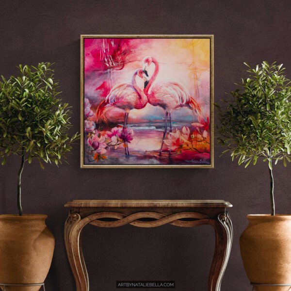 Coastal Grace - Original Painting of Pink Flamingoes - Oil & Mixed Media on Canvas