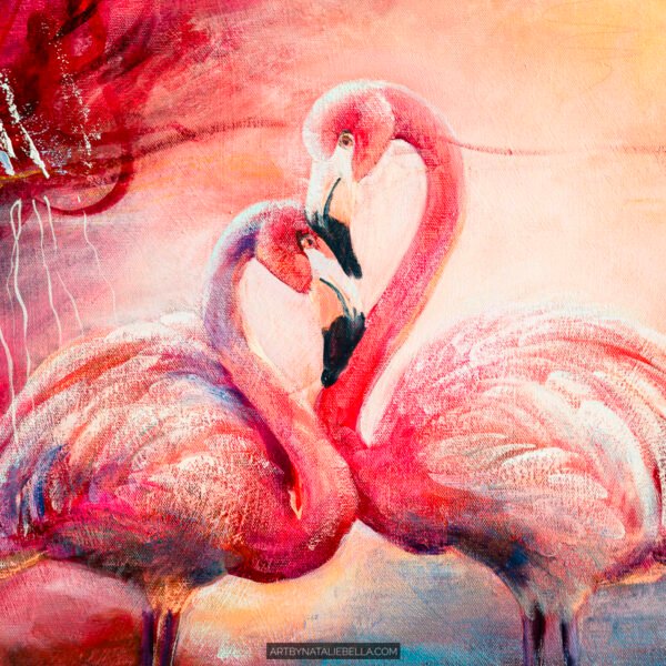 Coastal Grace - Original Painting of Pink Flamingoes - Oil & Mixed Media on Canvas