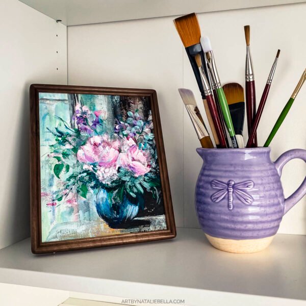 Morning Light Florals - Pink Green Flower Vase Gouache Painting Morning Light Florals - Original Gouache Painting of Pink Flowers in Vase