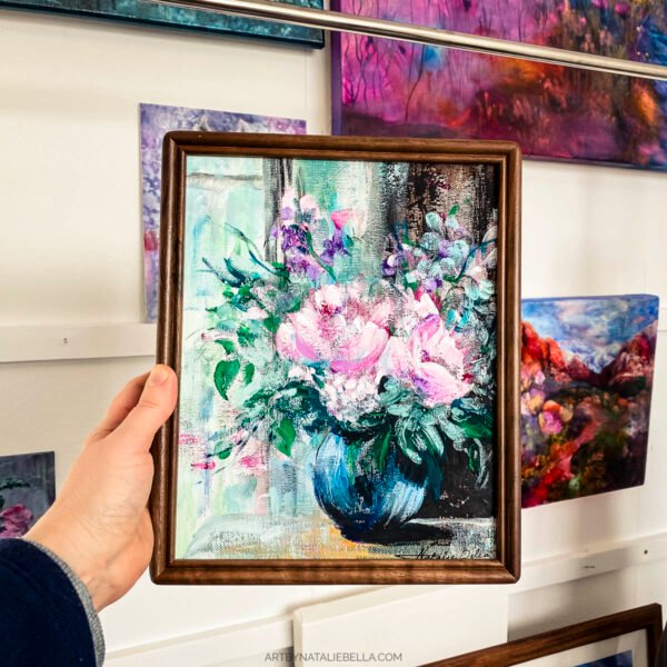 Morning Light Florals - Pink Green Flower Vase Gouache Painting Morning Light Florals - Original Gouache Painting of Pink Flowers in Vase