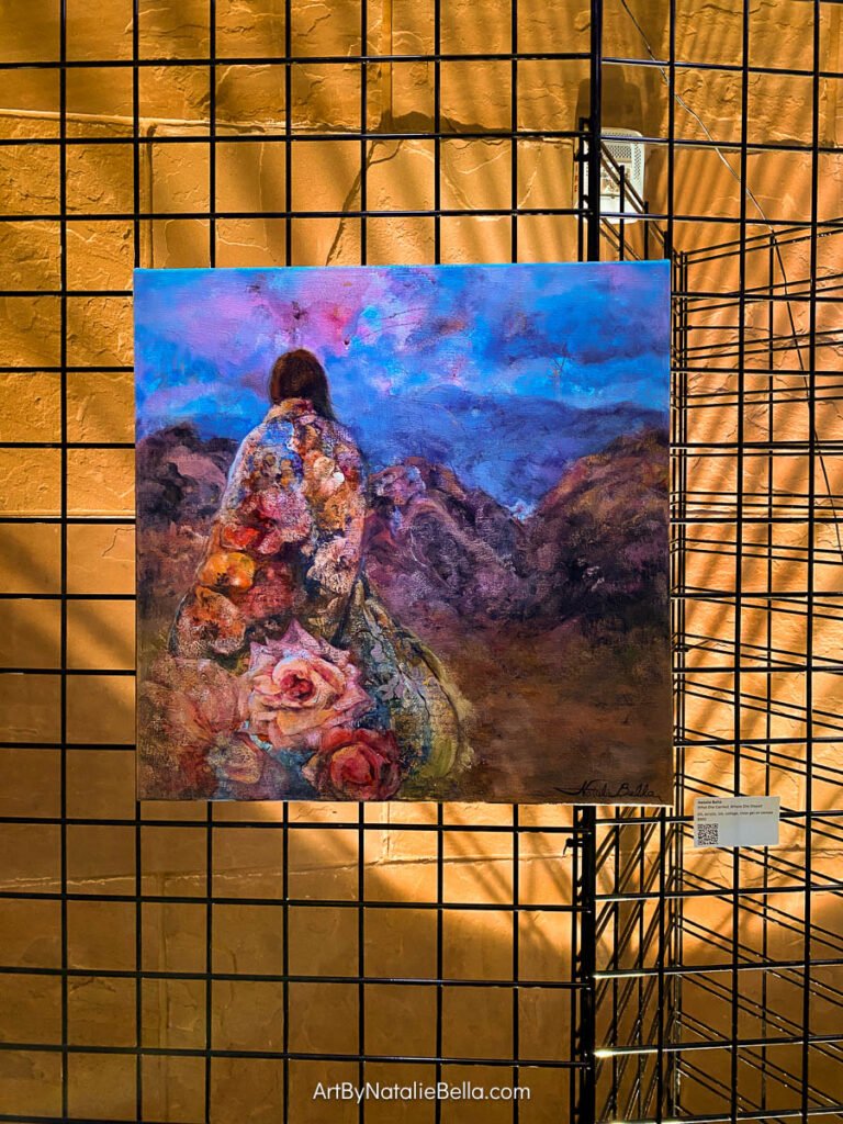 Painting "What She Carried, Where She Stayed" by Natalie Bella displayed at the Rotunda Gallery