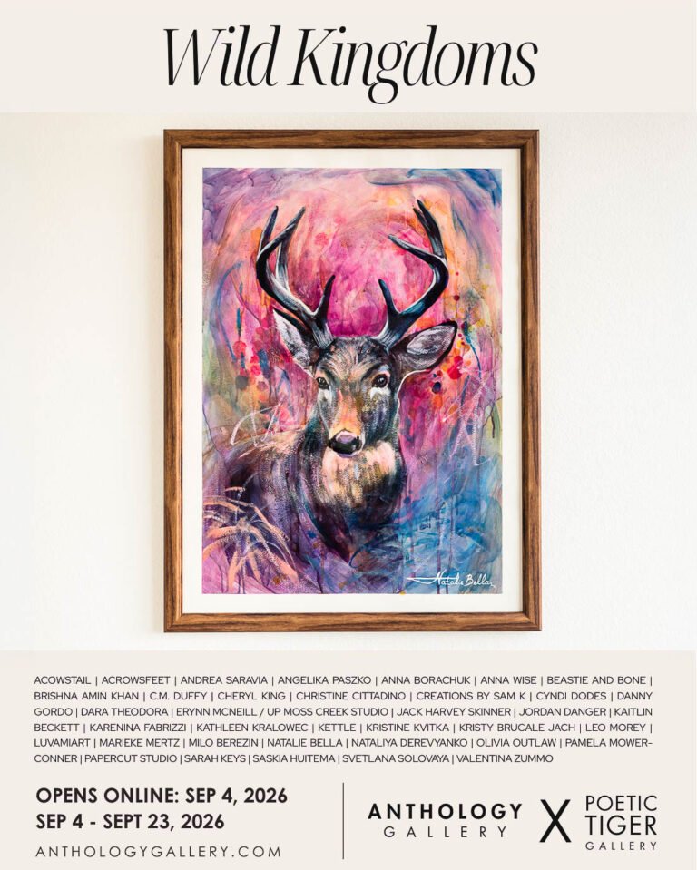 Wild Kingdoms Exhibition by Anthology Gallery and Poetic Tiger Gallery - Wildwood Heart Oil on Paper Painting of a Deer by Natalie Bella