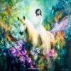 Emerging - Oil & Mixed Media on Canvas - 36x36x1.5 - Natalie Bel Original oil and mixed media painting of a woman wearing a white dress on a white horse, green and purple abstract floral background, by artist Natalie Bella